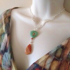 Green Aventurine & Orange Banded Agate "Y" Necklace! Prosperity Feminine Essence